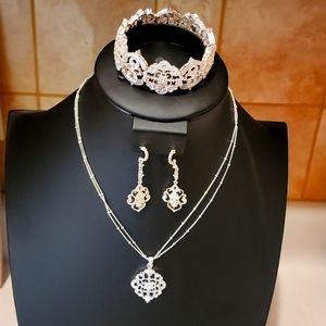 AVON Silvertone and Rhinestone Set Necklace/Bracelet/Earring Set